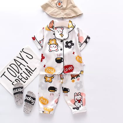 Printed White Satin Co-ord Set for Boys and Girls-1-2 year