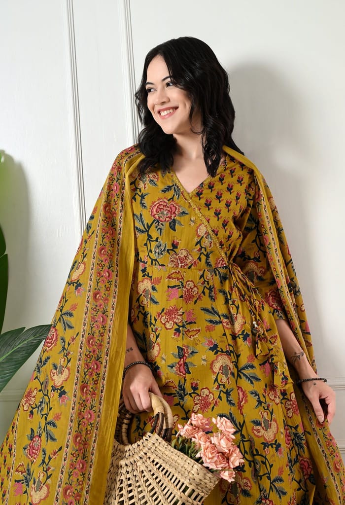 Angrakha Style Anarkali 12-Kali Kurta Set with Dupatta | Handcrafted with Elegant Badla Work