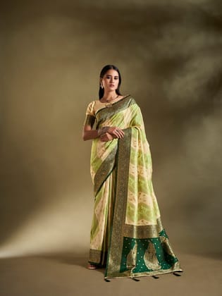 Cream & Light Green Pure Soft Silk Woven Designed Banarasi Saree