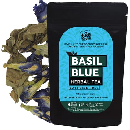 The Tea Trove Butterfly pea flower tea with Sweet Thai Basil for skin glow and Digestion (25 Gm) | Steep as Hot Purple Tea or Iced | Caffeine Free (50 Cups)