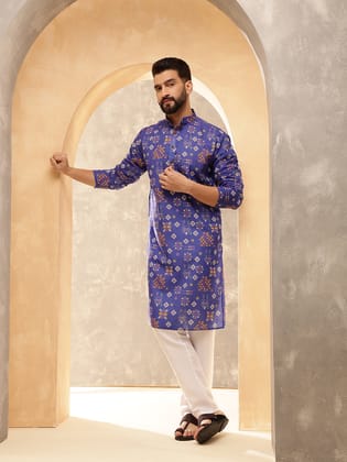 Men's Cotton Linen Ethnic Motifs Printed Blue Kurta with White Pyjama-36