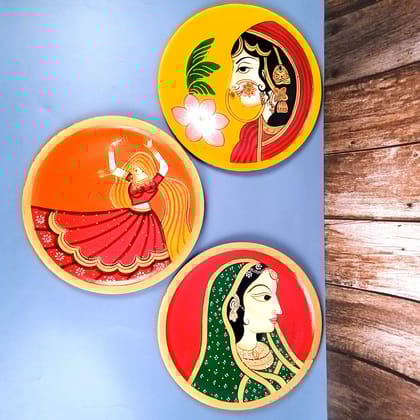 Wall Plate | Wooden Wall Hanging Plates - Rajasthani Lady Wall Art - For Home Decor, Living Room, Bedroom, Office | Gift for Wedding, Housewarming - 12 Inch (Pack Of 3)