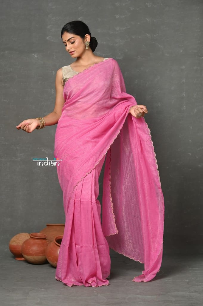 Tyohaar ~ Mul Cotton Zari Design Handloom Woven Saree - Heather Pink - Sarees | Buy online on ZillyBuy