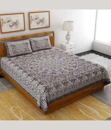 Uniqchoice Cotton Ethnic Double Bedsheet with 2 Pillow Covers - Blue