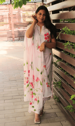 Cotton Baby Pink Handbrush Painted Sleeveless Kurta, Palazzo & Hanpainted Chiffon Dupatta-M