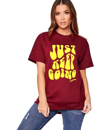 Leotude Women Cotton Blend Printed Oversized Fit Round Neck T-Shirt ( Maroon )