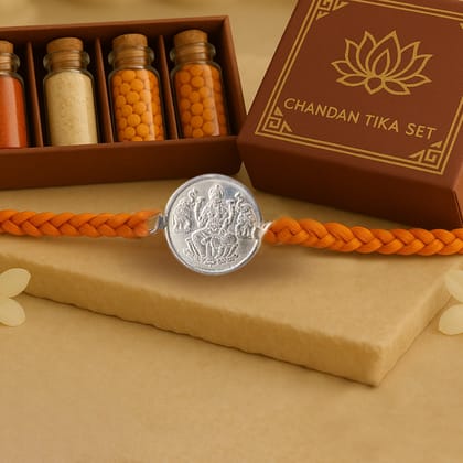 92.5 Silver Coin Rakhi with Chandan Tilak Set