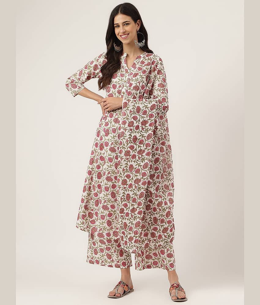 Divena Women Cotton Printed Anarkali Kurti With Palazzo ( White )