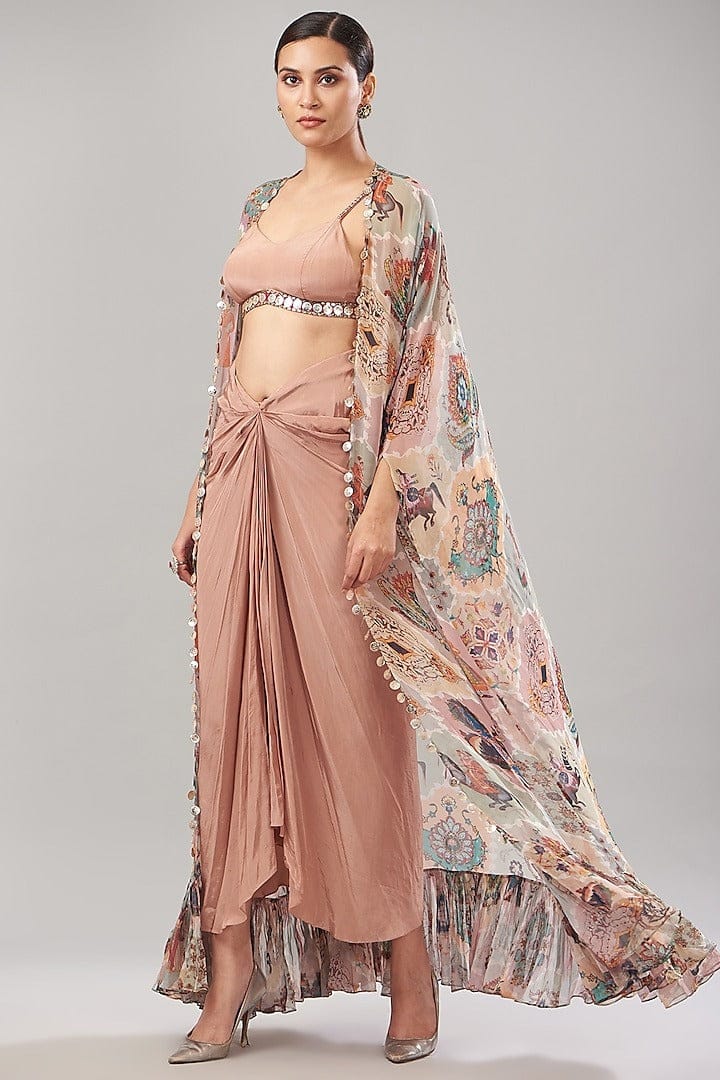 Pastel Georgette Printed & Embroidered Cape Set-S