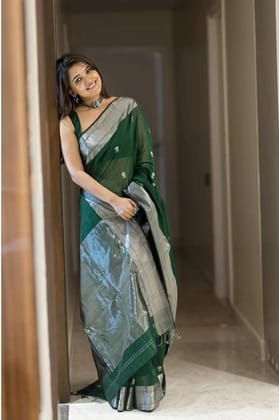 Women's Soft Lichi Silk Printed Saree With Unstitched Blouse 5.5Mtr (Green)-PID63641