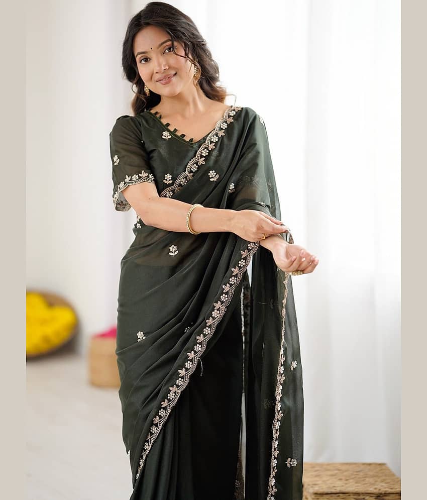 Sidhidata Georgette Embroidered Leheriya Saree With Unstitched Blouse Piece ( Lime Green )
