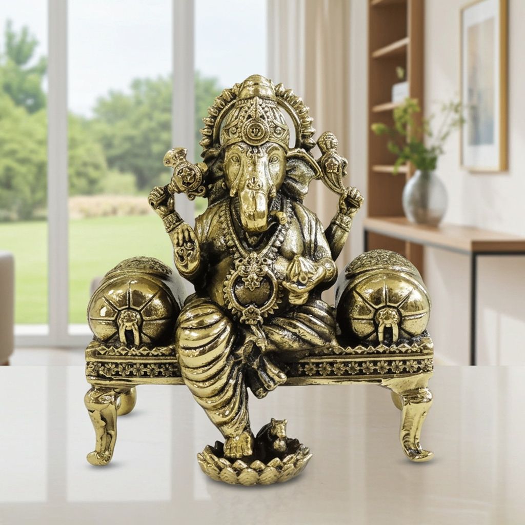 Brass Ganesh Sitting on Sofa Statue for Premium Home Decor, Height : 3 Inch (BSMAS1908 G)