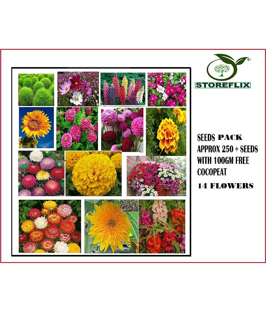 STOREFLIX 14 DIFFERENT TYPE MIX VARIETY FLOWERS Seed (MIX 200 per packet) WITH FREECOCOPEAT SOIL AND USER MANUAL COMBO PACK