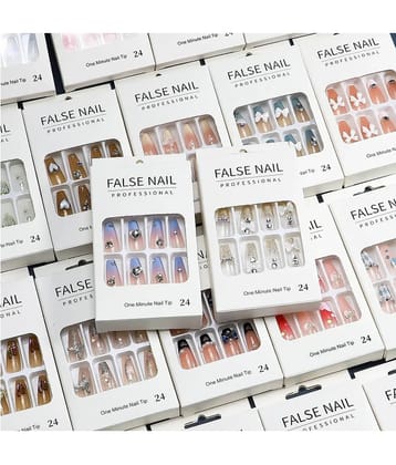 Lenon Acrylic Glossy Designer Press On Fake Nails Pack of 2- 24 count (Assorted Color)