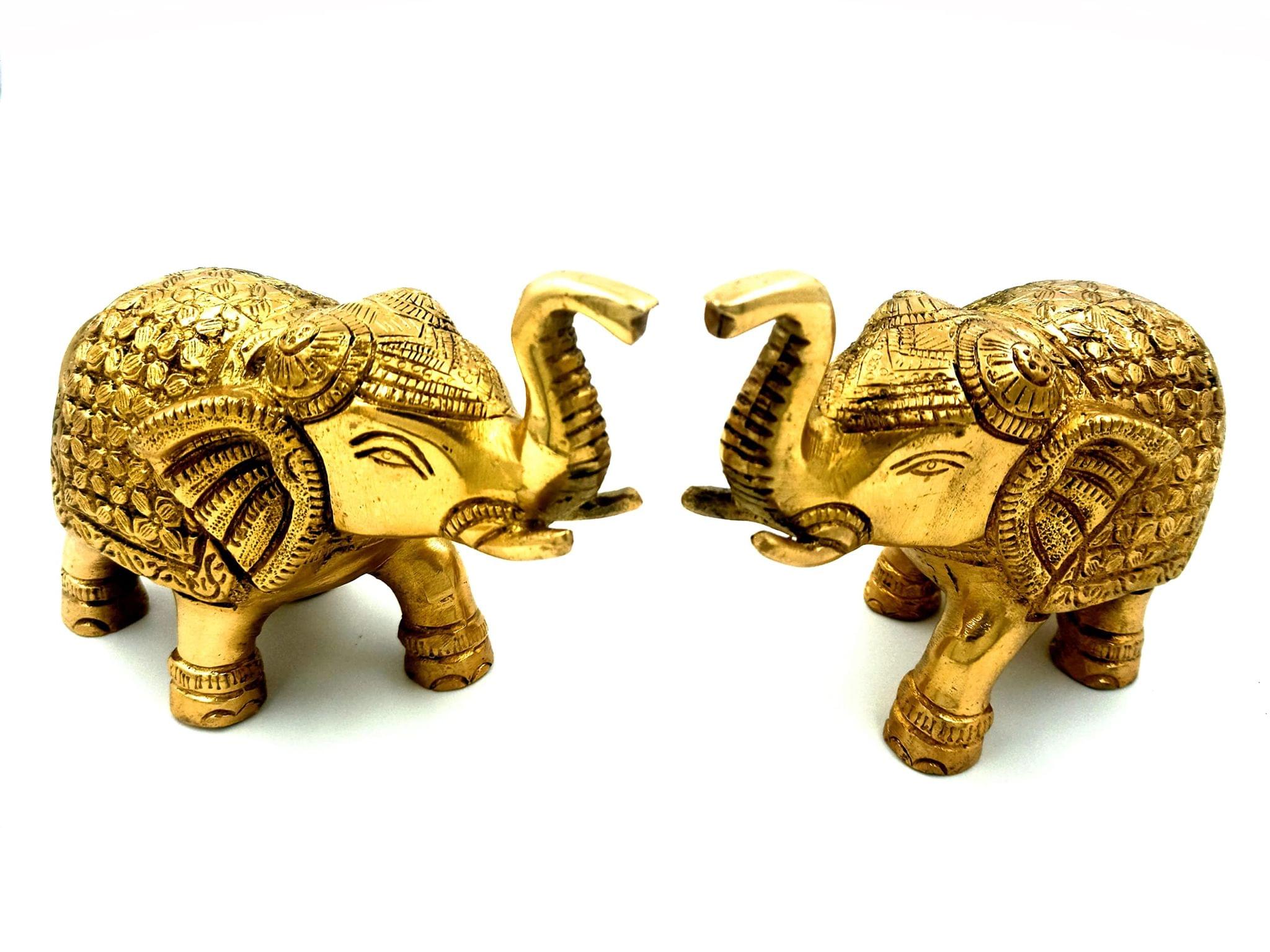 Arihant Craft� Ethnic Decor Elephant Pair Standing Trunk Up Statue Sculpture Showpiece Hand Work � 11 cm (Brass, Gold)