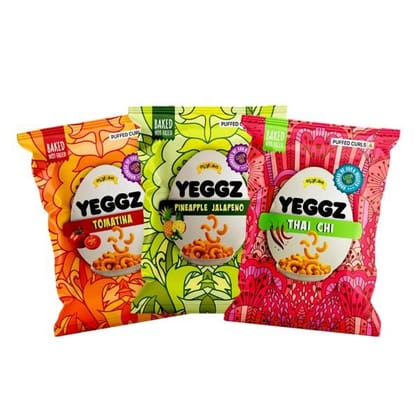 YEGGZ Combo (Pineapple Jalapeno,Thai Chi,Tomatina) Puffed Curls - Crispy Snacks (Pack Of 3)