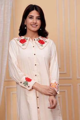 Freyaa Beige Tunic Dress with Floral Embroidery and Chic Collar-BEIGE / M