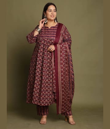 Rajnandini Women Cotton Blend Printed Flared Kurti With Pants ( Wine )