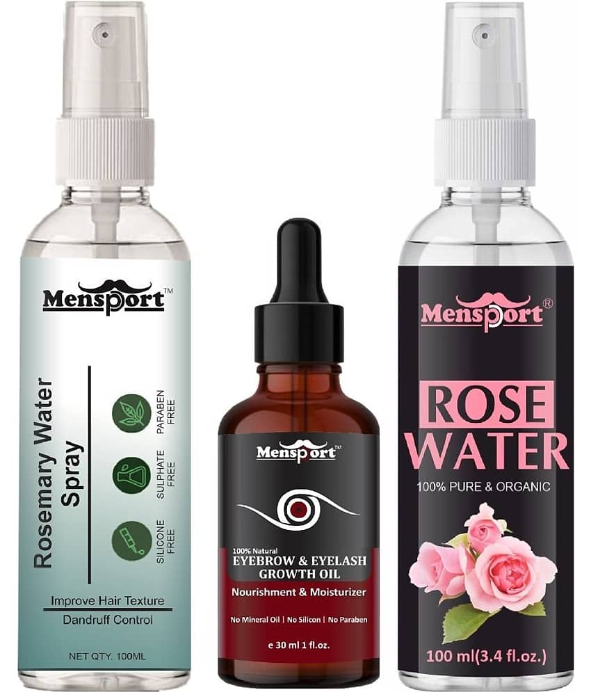 Mensport Rosemary Water | Hair Spray For Hair Regrowth 100ml, Eyebrow And Eyelash Growth Oil 30ml & Natural Rose Water 100ml - Set of 3 Items