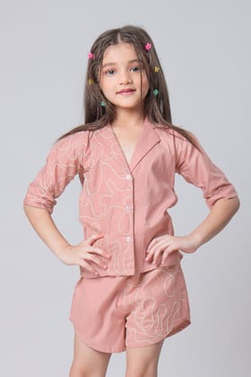 Block Embroidery Thread Work Cotton Shirt For Girls-1 Year / Careys Pink