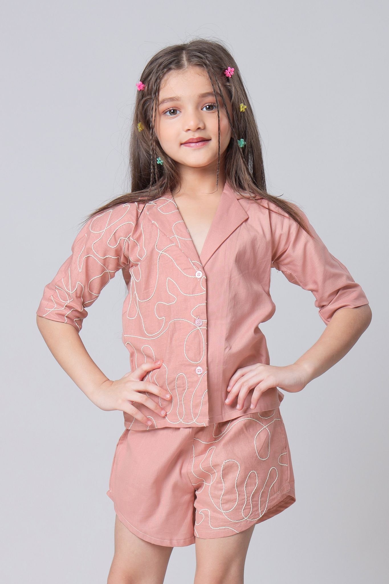 Block Embroidery Thread Work Cotton Shirt For Girls-1 Year / Careys Pink
