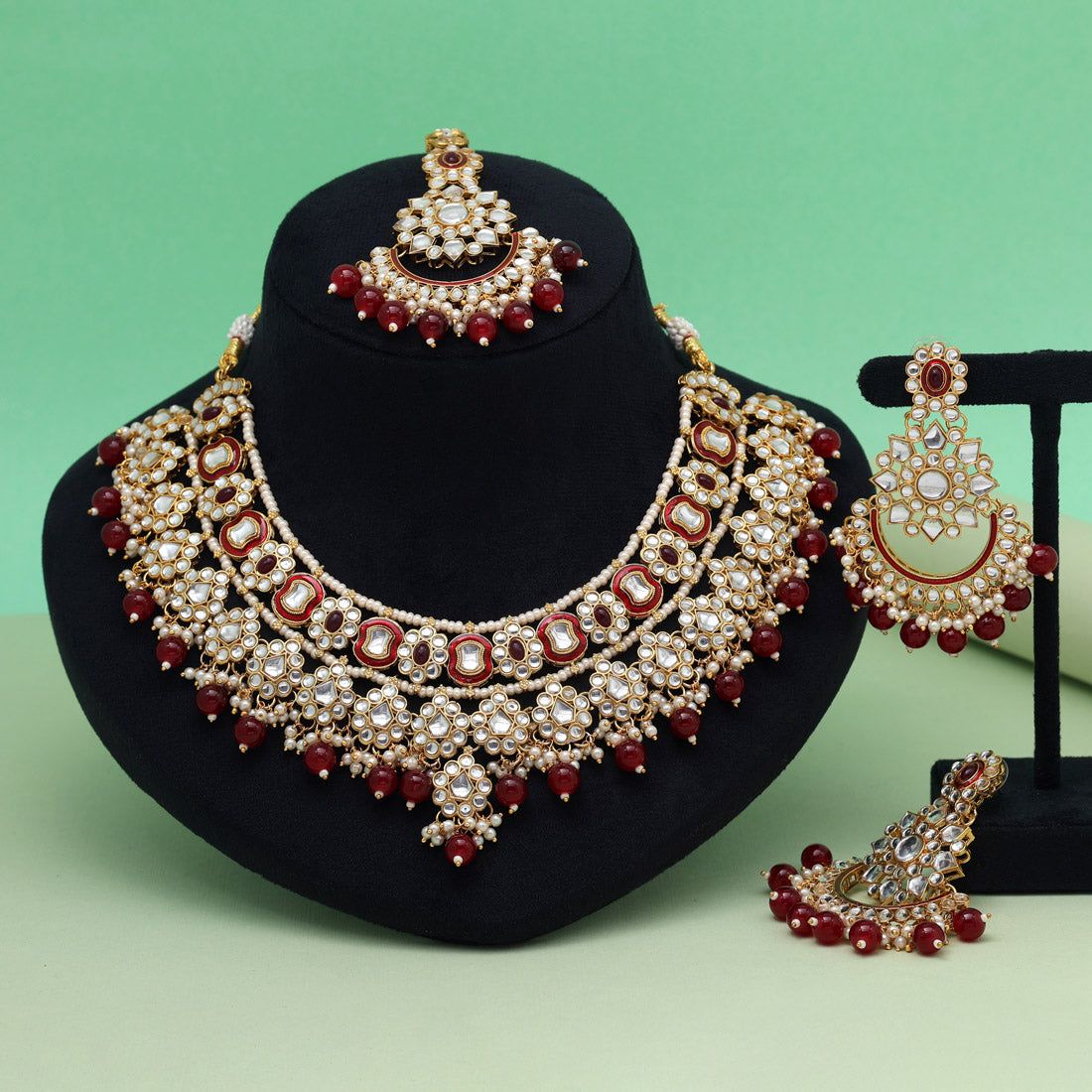 Maroon Color Meena Work Kundan Necklace Set (KN1457MRN)-Adjustable Rope / Maroon / Alloy With Good Quality Gold Plated
