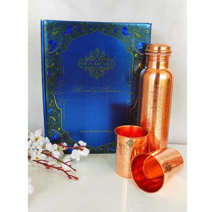 Indian Art Villa Pure Copper Drinkware Gift Set of Embossed Design 1 Bottle & 2 Glass With Royal Blue Gift Box-1200ml