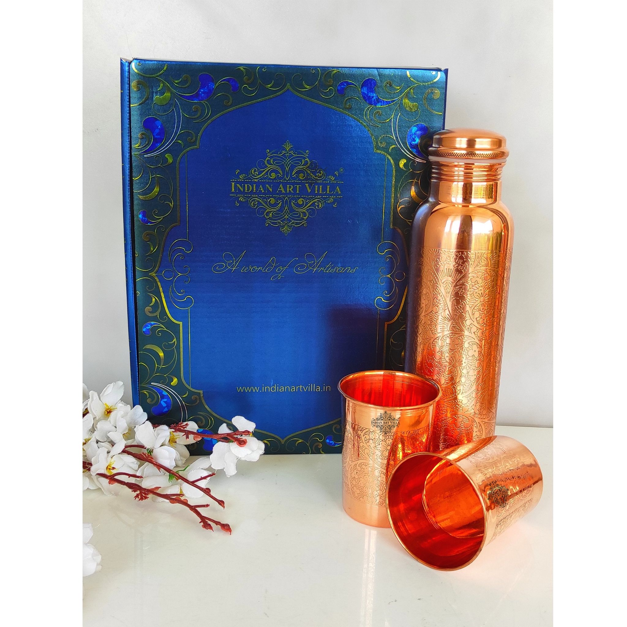 Indian Art Villa Pure Copper Drinkware Gift Set of Embossed Design 1 Bottle & 2 Glass With Royal Blue Gift Box-1600ml