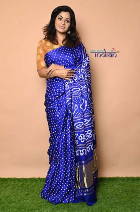 Pure Gajji Silk Handmade Ink Blue &amp; Gold Bandhani Weave