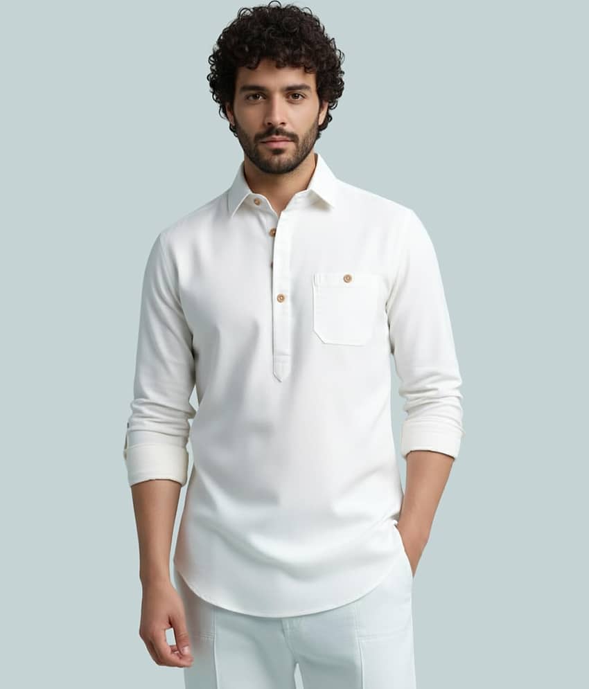 Yugnik Cotton Blend Plain Shirt Style Kurta For Men ( White )