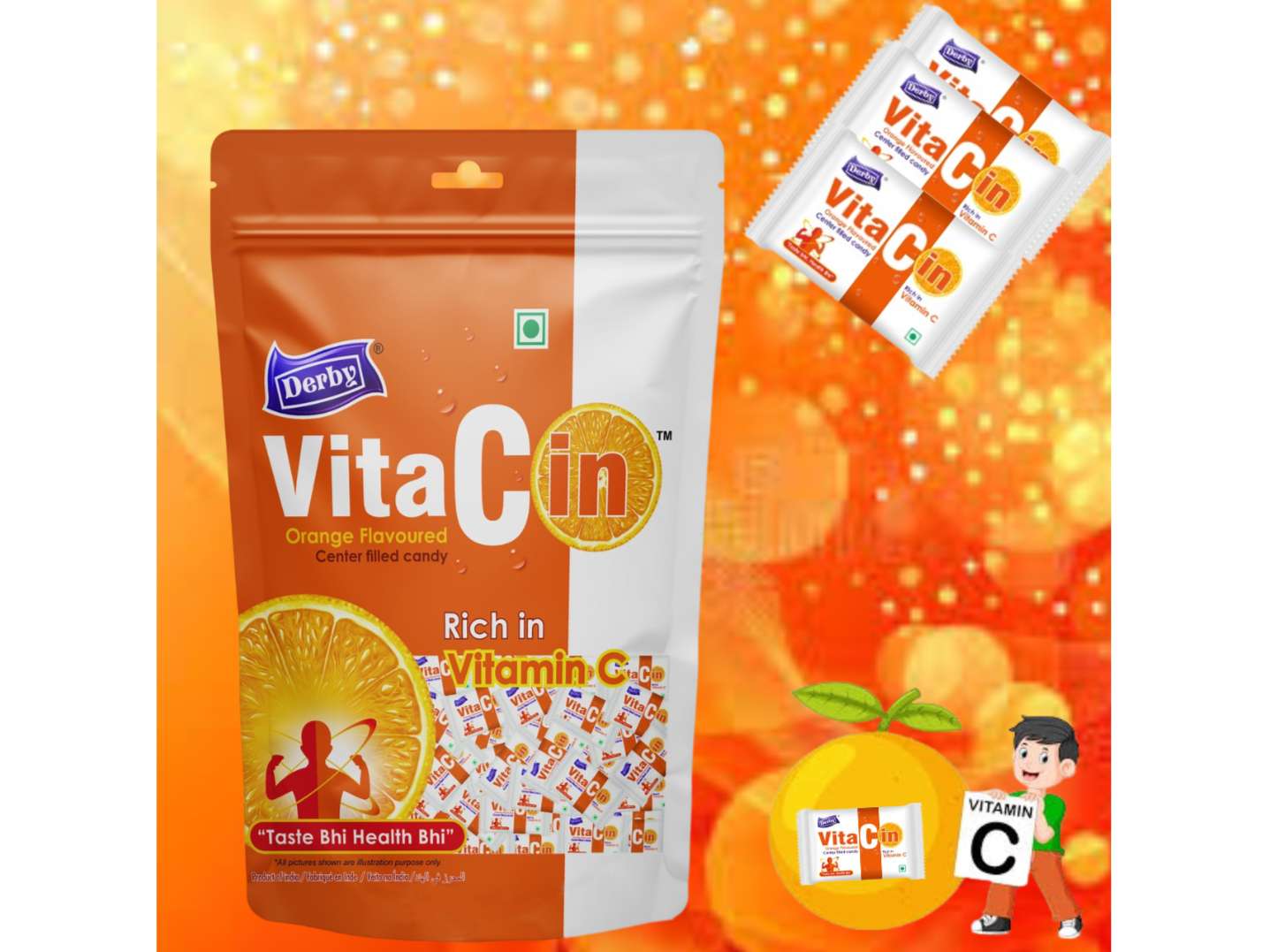 Derby VitaCin Standy Pouch / 50pieces in packet / Orange Flavoured Candies Enriched with Vitamin C / Vitamin C Candies / Healthy Combo Pack