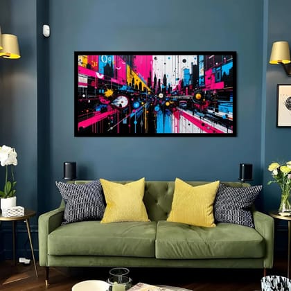 Luminary Neon Vista – Urban Pulse Panorama Museum-Quality Cotton Canvas Art for Contemporary Living Room Décor | Frame Size (127 X 69 Cm) | Frame Type (Black) | 5-Year Warranty