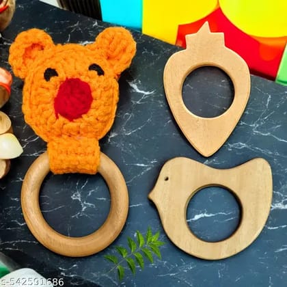 Shreeja Shilpcraft Neem Wood Teddy Ring Handmade Design with Fish and Strawberry Teether Pack of 3