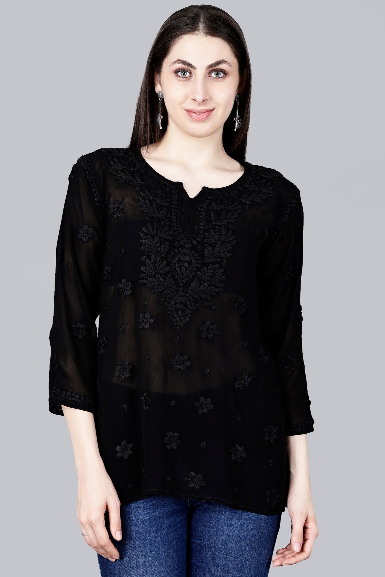 The Chikankari Story: Chic and Comfortable 3D Chikankari Hand-Embroidered Short Top & Kurti in Pure Viscose – Available in Black, Purple, Pink, Sea Green, and Lemon Green-XS / Black