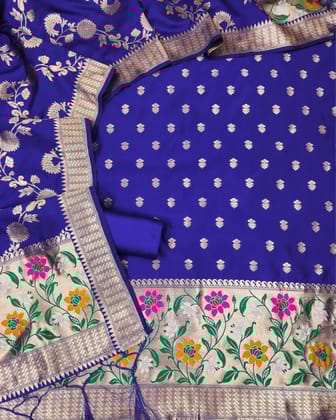 Noor-e-Banaras Brocade Weaving Lichi Silk Royal Blue Suit