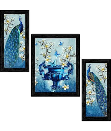 Indianara Set of 3 Beautiful Pair of Peacock and Flower vase Framed Art Painting