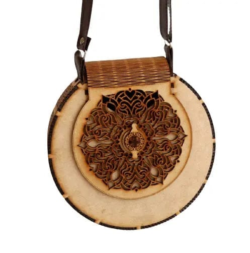 "Exquisite Handcrafted Circular Wooden Handbag with Intricate Floral Design – Perfect Rakhi Festival Gift"