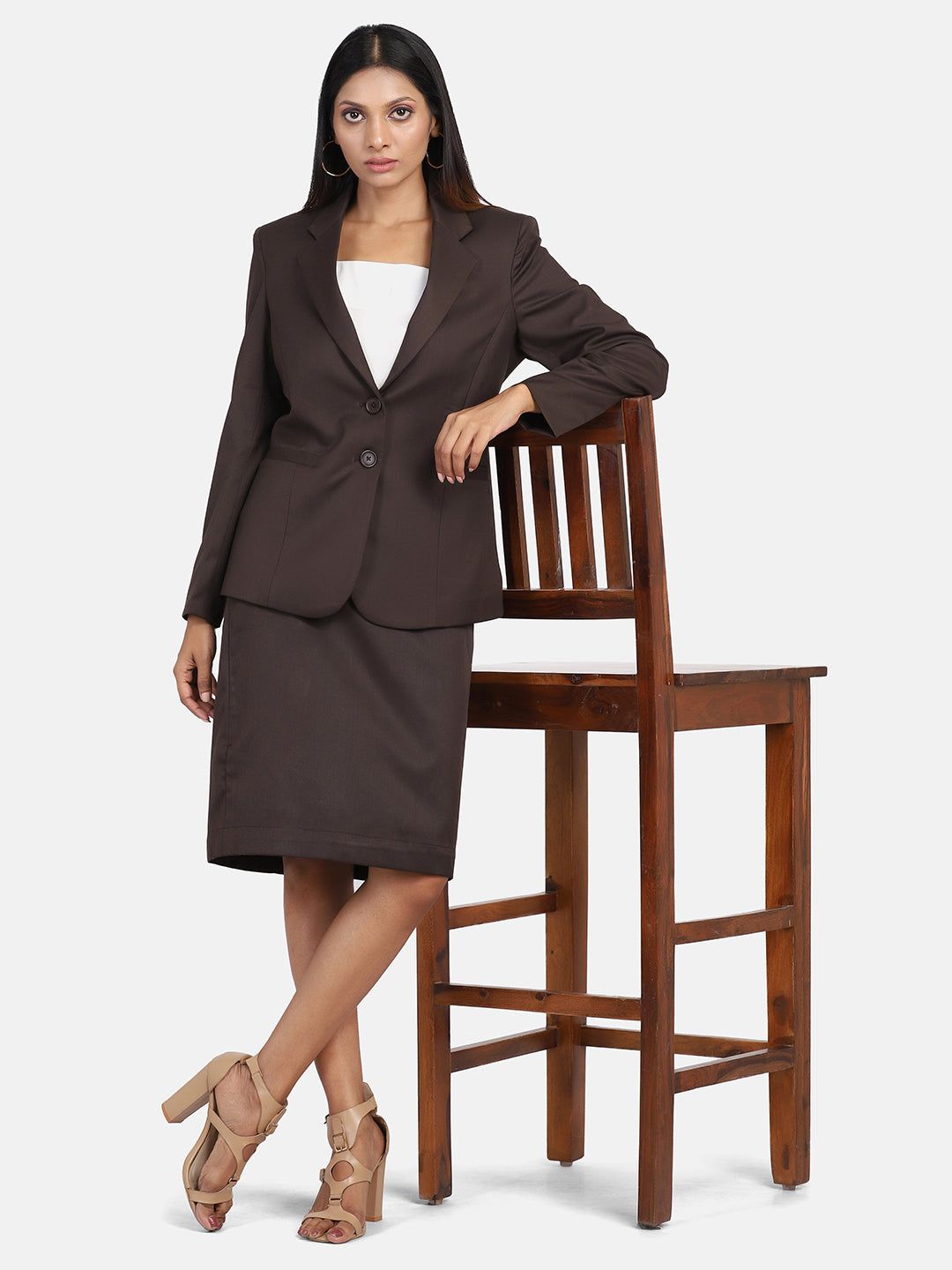 Poly Cotton Skirt Suit - Chocolate Brown-XL