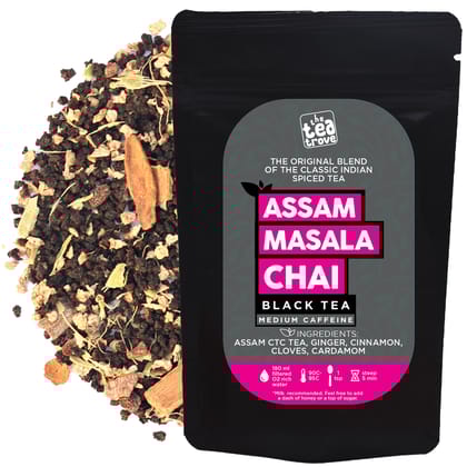 The Tea Trove Assam Black Masala Chai Tea Loose Leaf, 100% Natural , Organic Chai Masala Cinnamon, Cardamom, Clove and Ginger for Rich and flavorful Hot Chai Latte or Iced chi Tea- (100 gm,50 Cups)