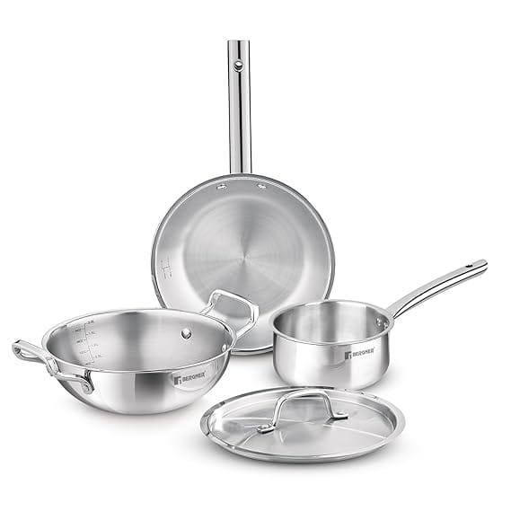 Bergner Tripro TriPly Stainless Steel 4 Pc Cookware Set, 24cm (3 L) Indian Wok/Kadai with Lid, 22 cm Frypan (1.7 L), 16cm (1.5 L) Teapan, Fast & Event Heating, Induction and Gas Ready, 5-Year Warranty