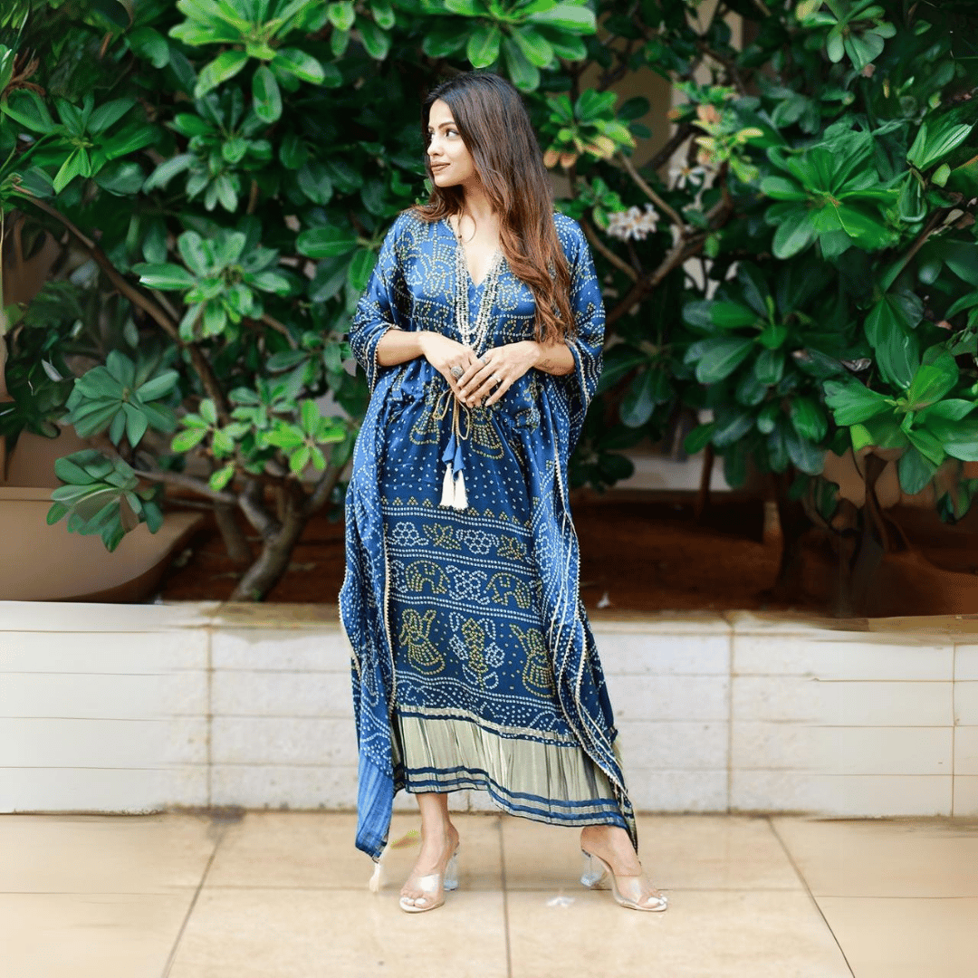 Occasionally and Attractive Navy Blue Digital Bandhej Kaftan by GlamaStitch-Free Size Up To XXL-44