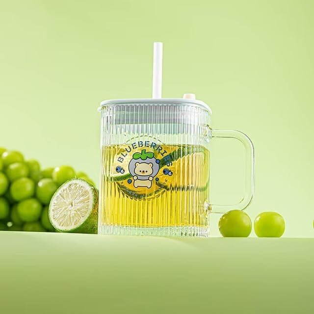 Drinking Glasses 400 ML Coffee Mugs with Handle Lid and Straw Tumbler Travel Sipper Cup for Milk Juice Cocktail Iced Tea Hot Cold Drink Kids Cup (Set of 1) Multi-Colour