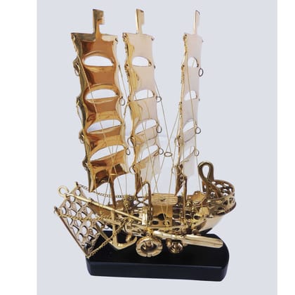Brass Home Decor Ship Model – Nautical Wooden Base Showpiece, Height : 12.9 Inch (MRMAS223 C)