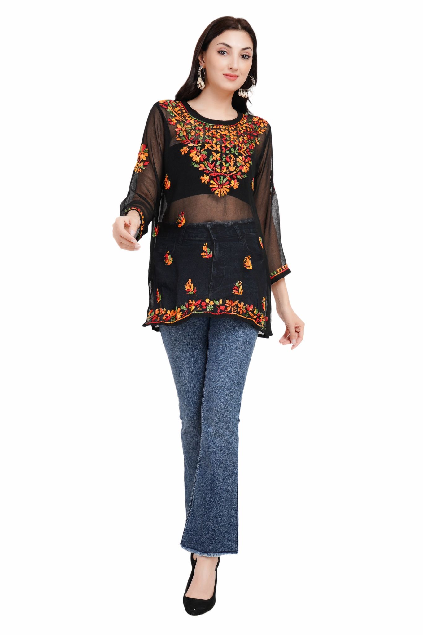The Chikankari Story: Women's Black Georgette Short Kurti with Multi-Colored Chikankari Hand Embroidery - Lightweight and Chic-XL