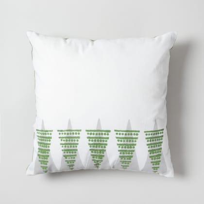 Green Christmas Tree Block Printed Cotton Cushion Cover 16x16-16 Inches x 16 Inches / 100% Cotton / White, Green & Grey