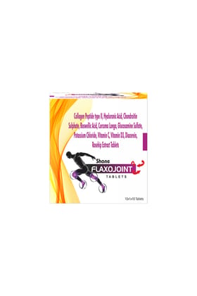 Shane I Flaxojoint I Collagen Peptide Type II I Hyaluronic Acid I Chondroitin I Sulphate I Boswellic Acid I Curcuma Longa I Glucosamine Sulfate Potassium I Chloride I Vitamin C I Vitamin D3 I Diacerein I Rosehip Extract I 10x1x10 Tablets