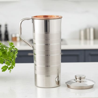 Copper & Steel Water Jug – 900 ml | Compact Dining Table Pitcher, Height : 9.5 Inch (BCMAS102 D)