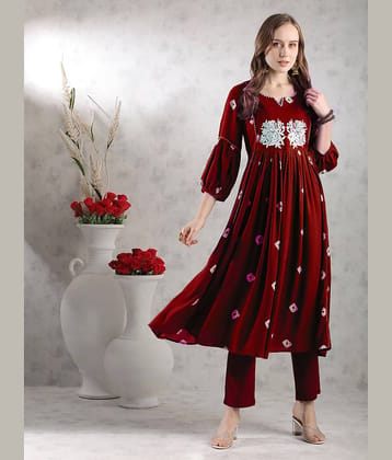 anushansa Rayon Embroidered Kurti With Pants Women's Stitched Salwar Suit - Maroon ( Pack of 1 )