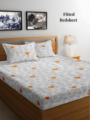 White & Orange Geometric 300 TC Fitted King Bedsheet with 2 Pillow Covers