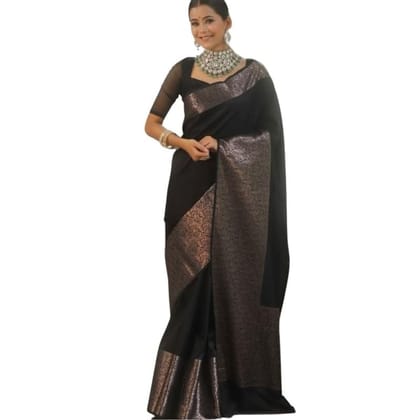 Women's Silk Printed Saree With Unstitched Blouse 5.5Mtr (Black)-PID60200